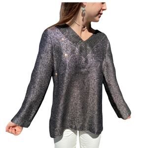 EMMELLE S BLACK & Silver Stripes & Sequins Metallic V-Neck Tunic Top NWT